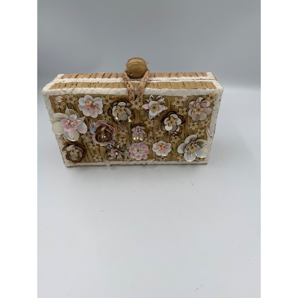 Hat Attack Handbags - Hat Attack Raffia Floral Sequin Box Clutch Bag Tan Gold Chain Strap Evening Bag